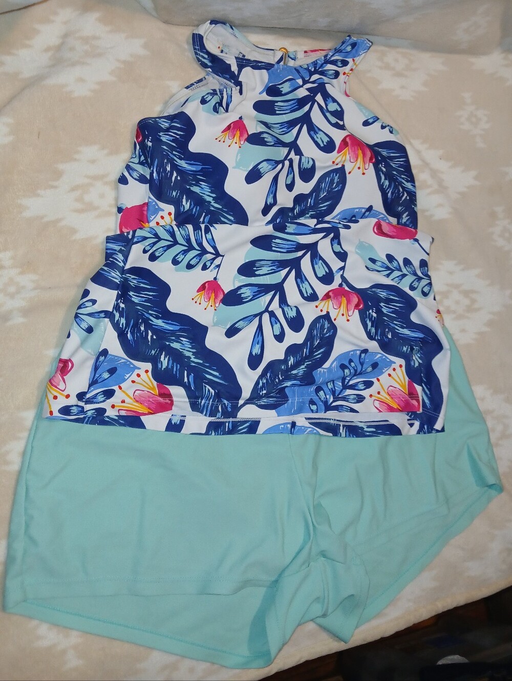 Womans Size XL Tropical Print Halter Swim Suit in Aqua & Blue